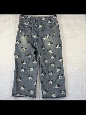 Wide Leg Mickey Mouse Print Denim Jeans - Blue